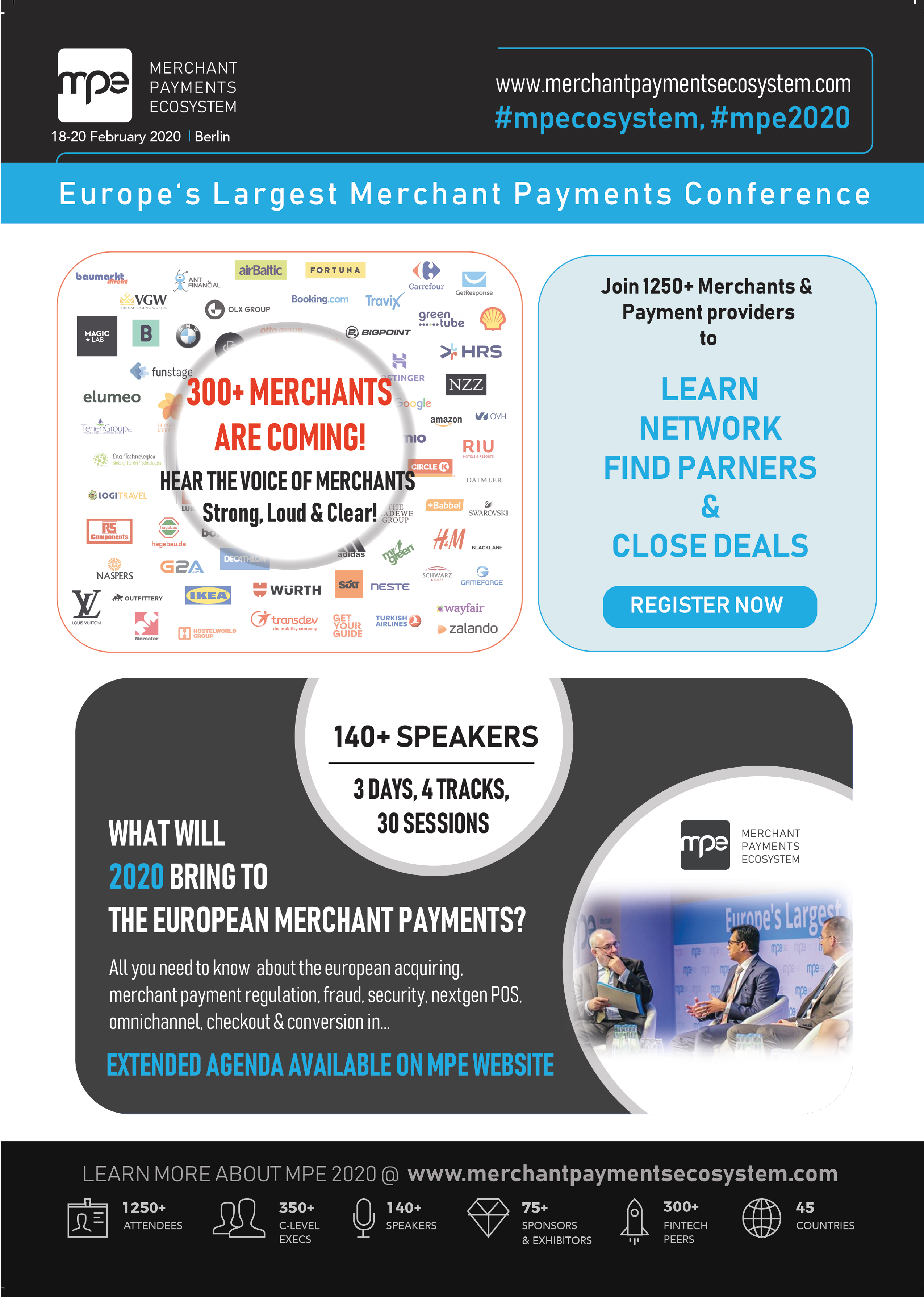 Back for its 13th year MPE2020 (Merchant Payment Ecosystems) in Berlin (18-20 Feb 2020) is set to be the biggest ever, with over 1,500 founders, startup enthusiasts, corporates, angel investors, VCs, and media gathering from across Europe. 